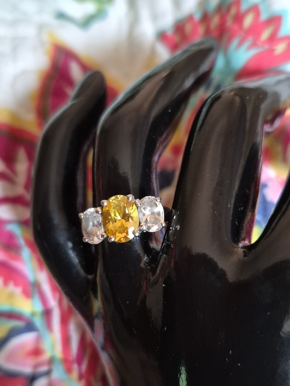 Vintage Oval Three-Stone Citrine & White Topaz Ring Sz 7
